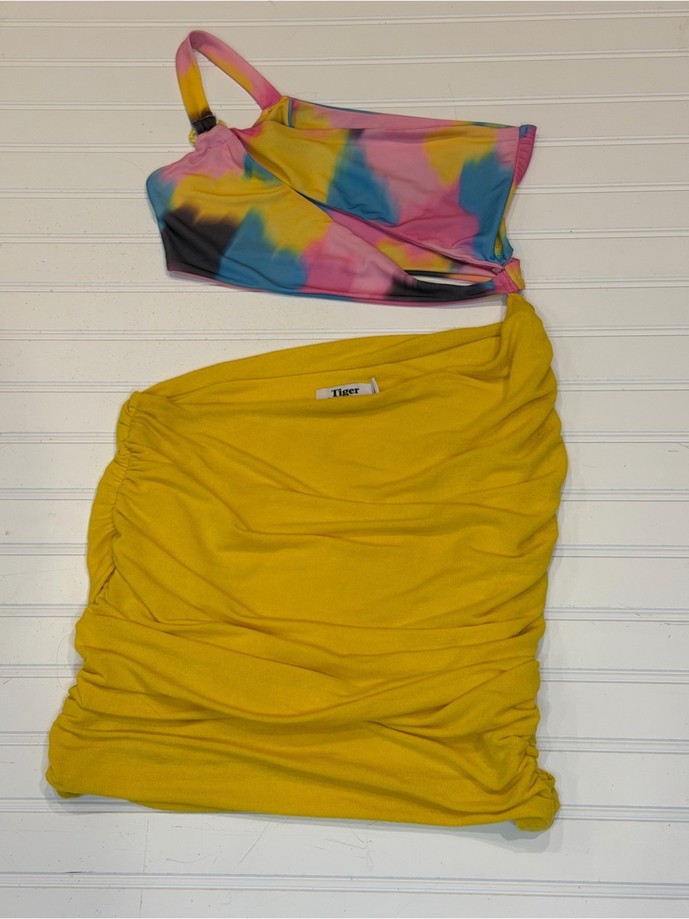 Tiger Mist One-Shoulder Colorblock Dress in Yellow and Multicolor